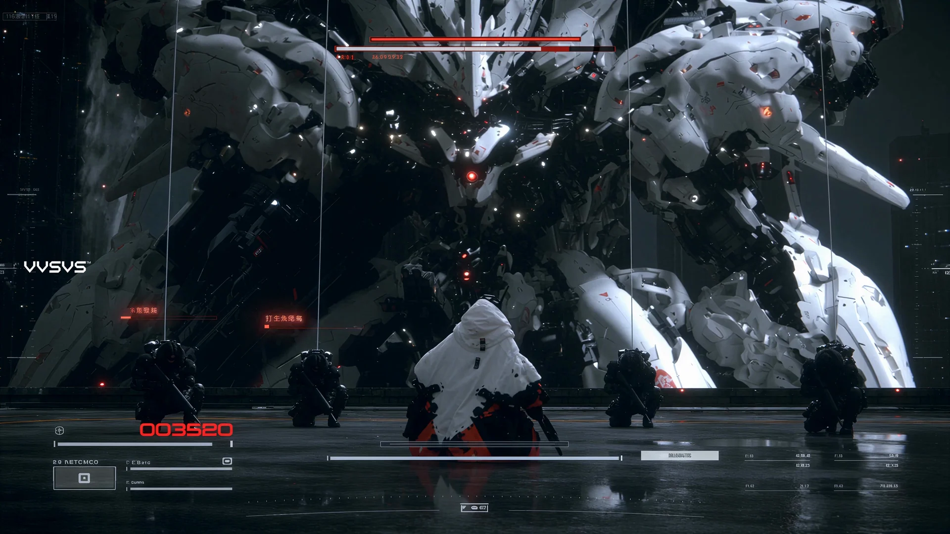 The player and the soldiers before the giant mech, from Snowcrasher.