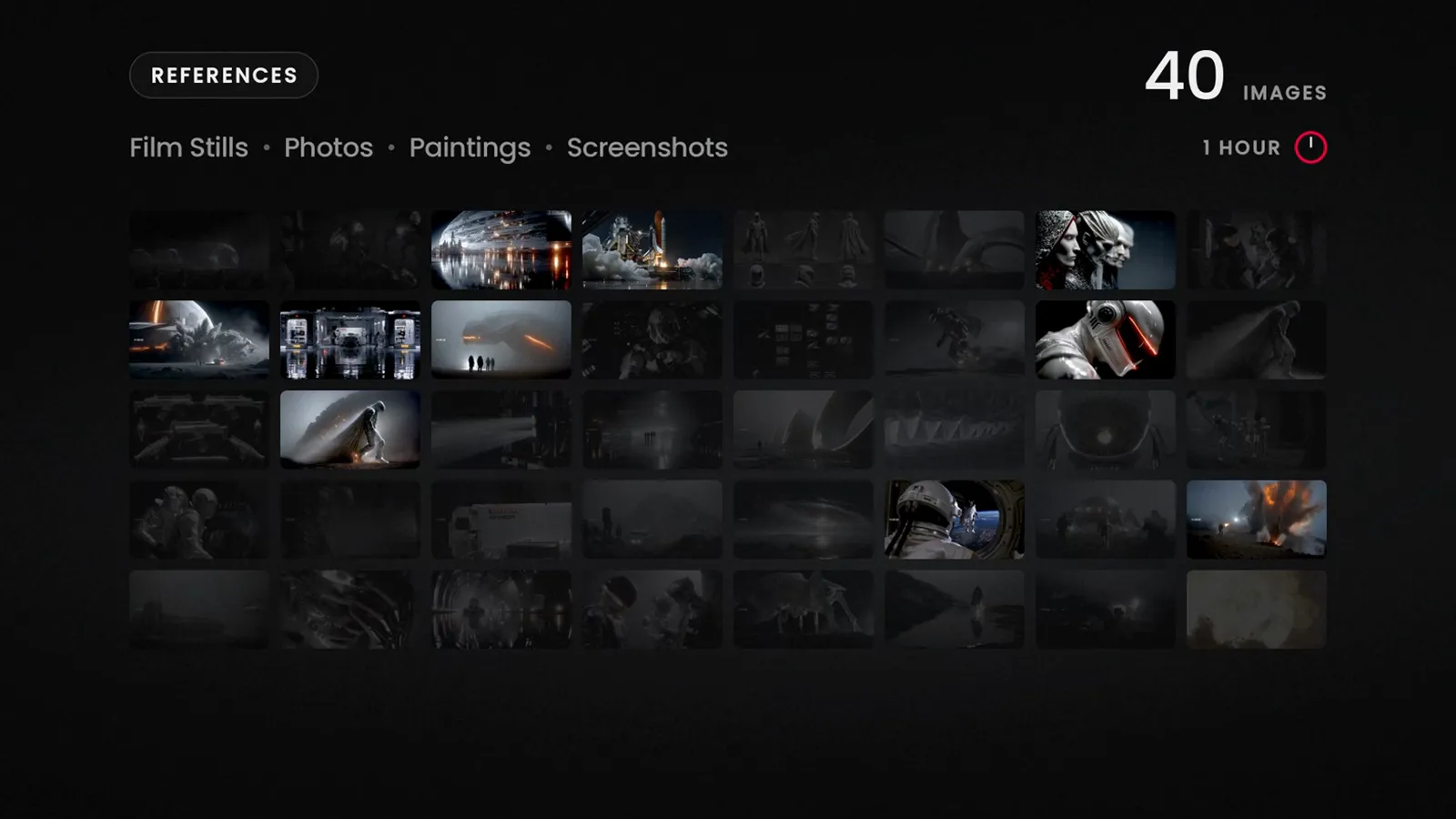 References: film stills, photos, paintings, screenshots. One hour.