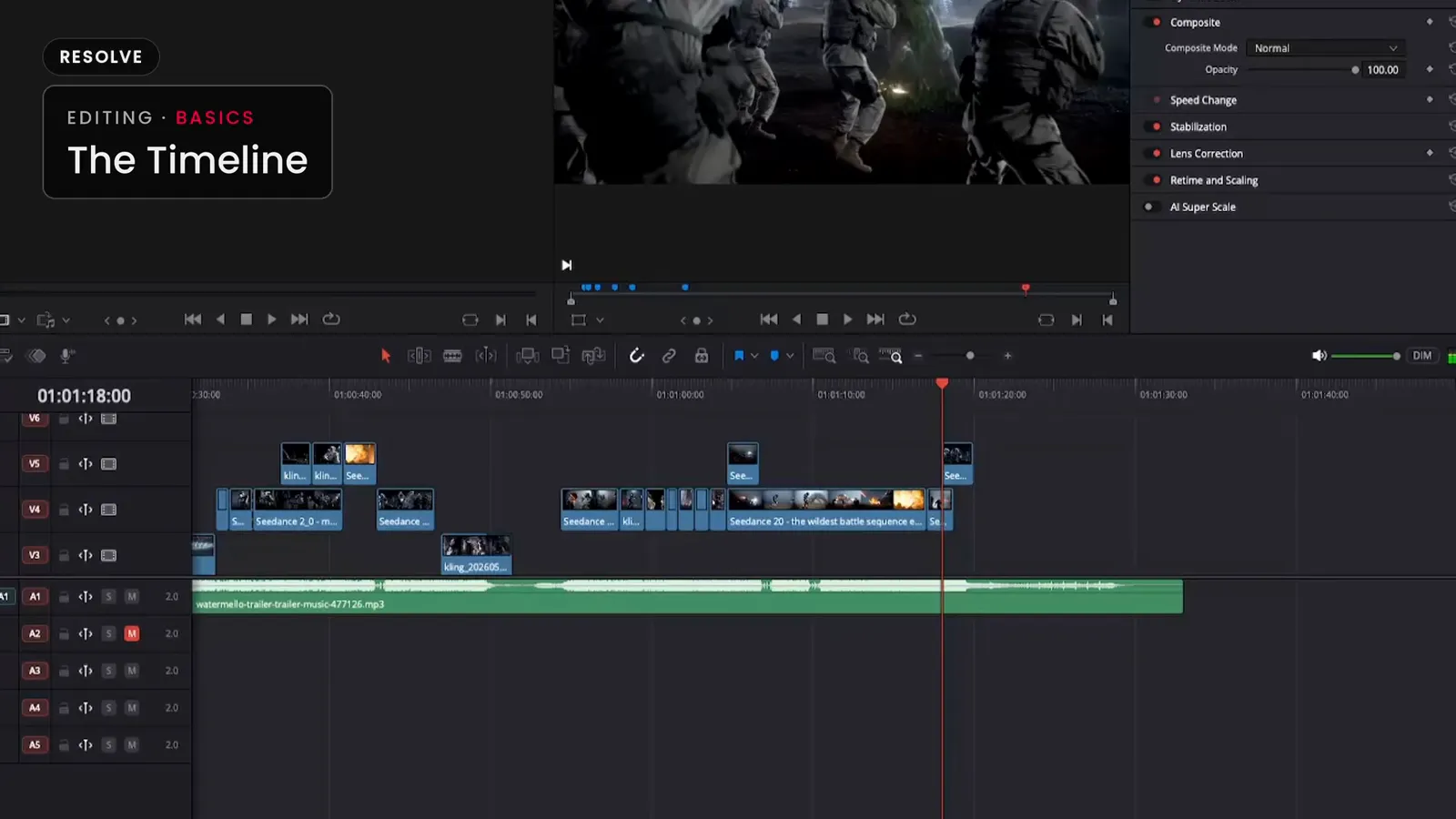 The timeline in DaVinci Resolve, with the music on its own strip underneath.